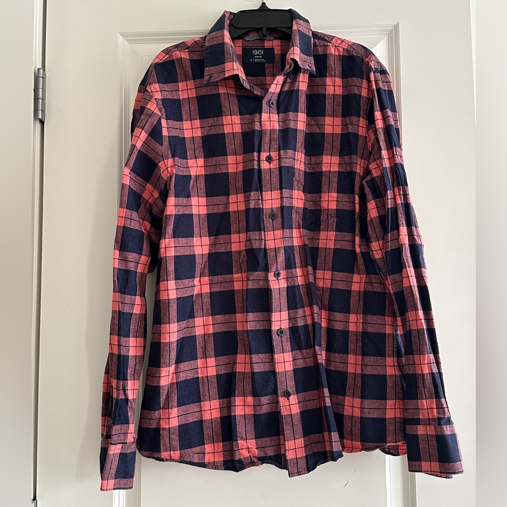 1901 Men's Navy and Coral Plaid Shirt
